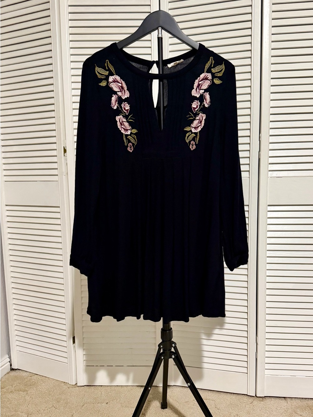 Black Long-Sleeve Mini Dress with Pink Rose Embroidery